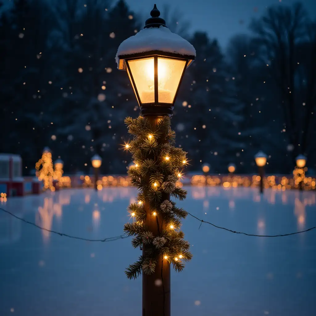 A Christmas fence post, decorated with a light garland, with an ice rink behind it