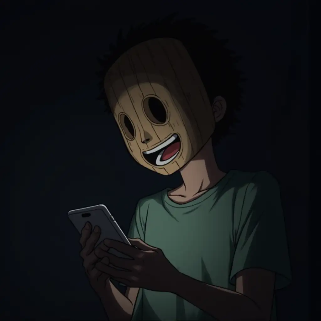 A boy wearing a wooden mask is looking at his phone and giggling. Whole picture is dark and creepy. Anime style.