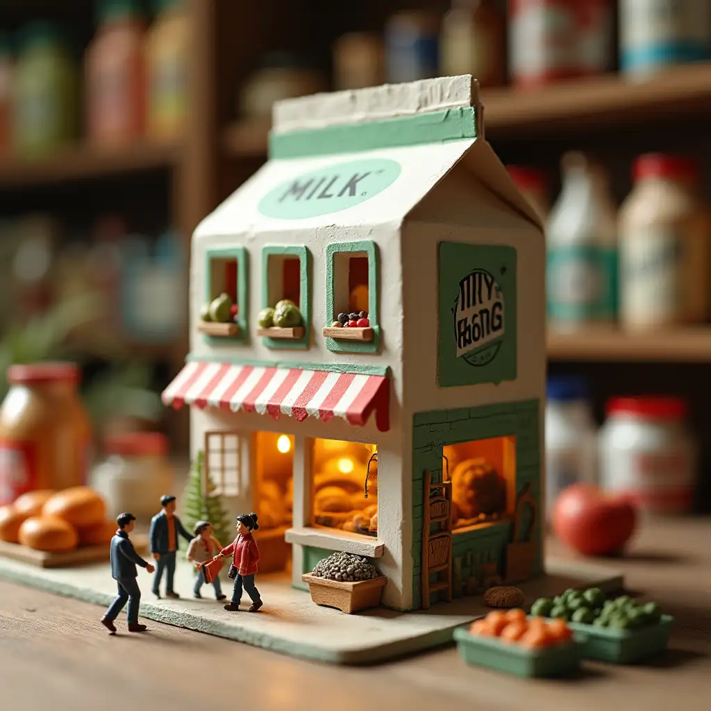 Create a detailed miniature diorama scene of a milk carton transformed into a tiny building, resembling a grocery store or small supermarket. The carton should feature realistic textures, labels, and windows designed like shop fronts. Surround the milk carton with miniature human figures interacting, such as shoppers or passersby. Include other miniature grocery items like jars, bottles, and cans blurred in the background to enhance the sense of scale and realism. Use a warm and inviting lighting style to bring out the fine details and emphasize the artistic, handcrafted look