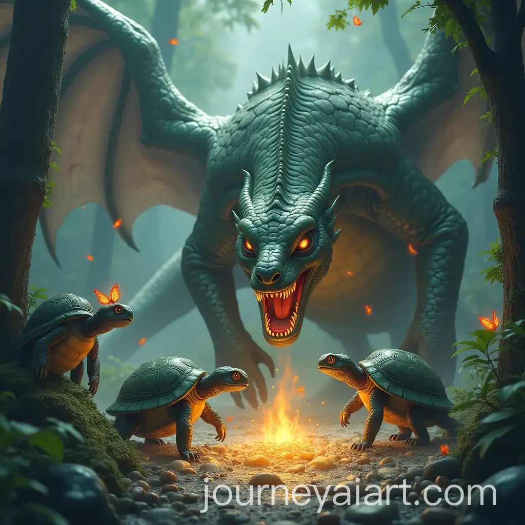 Turtles-Monkeys-Butterflies-and-Ghost-Birds-Fighting-a-Dragon-Guarding-Treasure