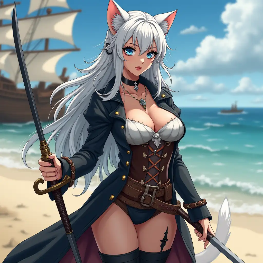 A mature adult feline/woman dressed as a pirate with a sword on a beach.  A pirate ship in the background. Her 30-something years are disguised by her youthful facial features, except for her subtle wrinkles around the eyes, extremely slender body. Her ample bosom strains against her clothing, threatening to burst free from the fabric, extreme cleavage.  Wearing black thigh high pirate boots. She has piercing blue cat eyes. A choker adorns her neck, a subtle hint at her feline nature. Her long, white hair cascades down her back like a wild waterfall, tangled and disheveled. Her cat-like teeth glint in the light, as her white fur-lined ears punctuate her visage with sparkling black and gold earring adorns each ear, adding a touch of elegance to her feline features. Cat whiskers on her face. The attached tail at the base of her spine stirs lazily.  Long fingernails. Full body view. Anime.