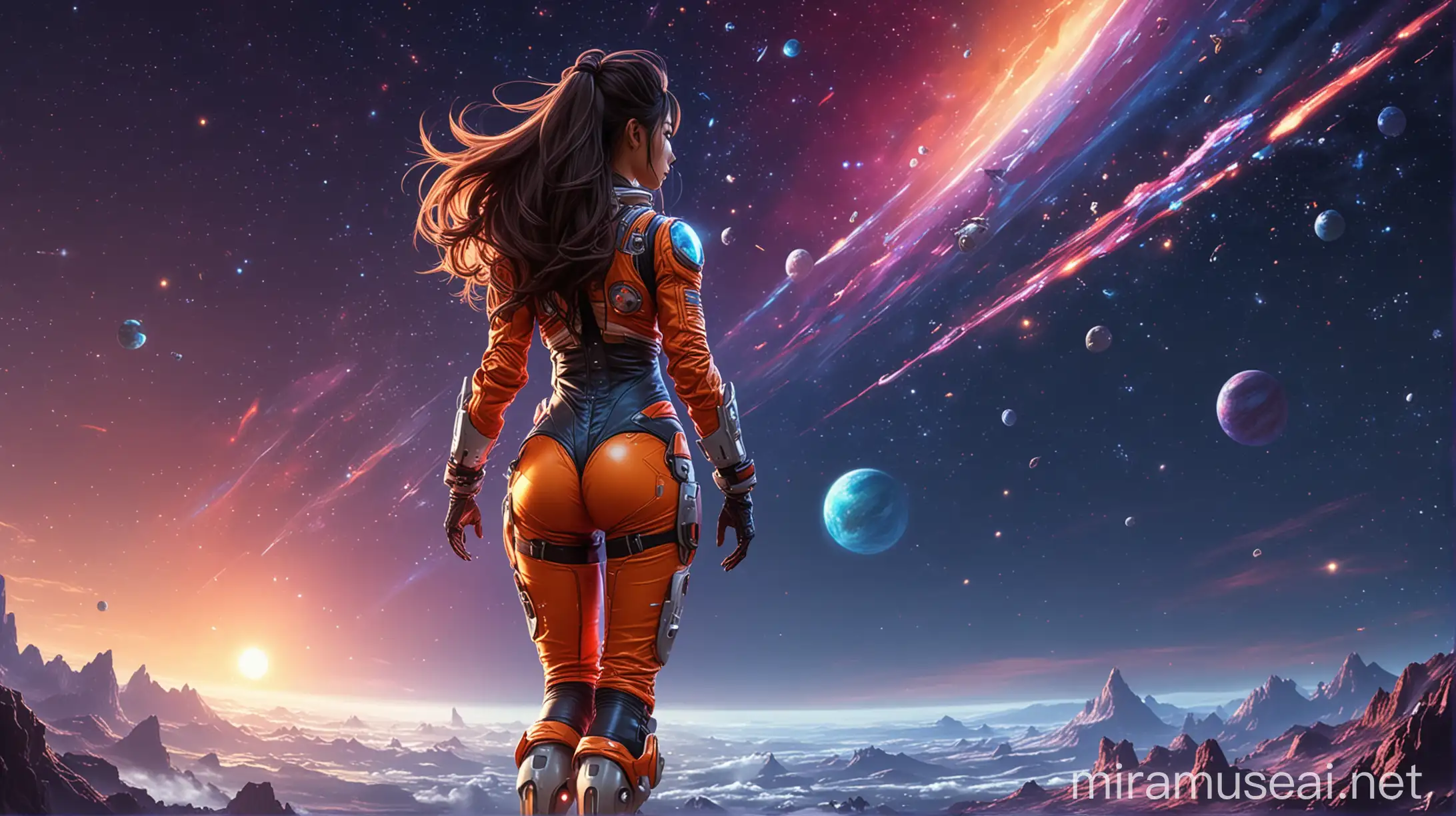 Futuristic Fitness Woman in Colorful Space Suit Against Cosmic Background