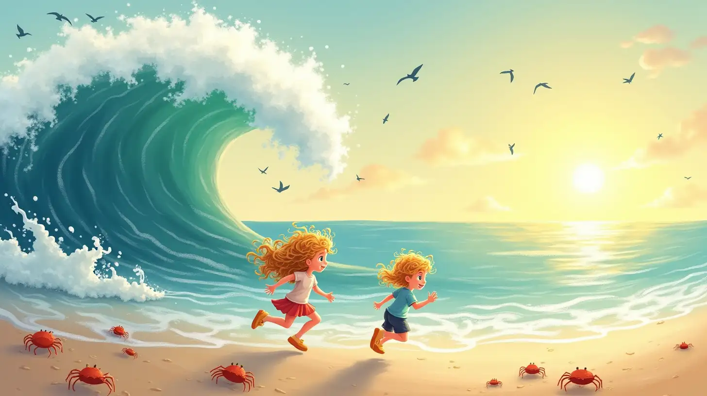 Blonde Sisters Playing on the Beach as a Giant Wave Approaches