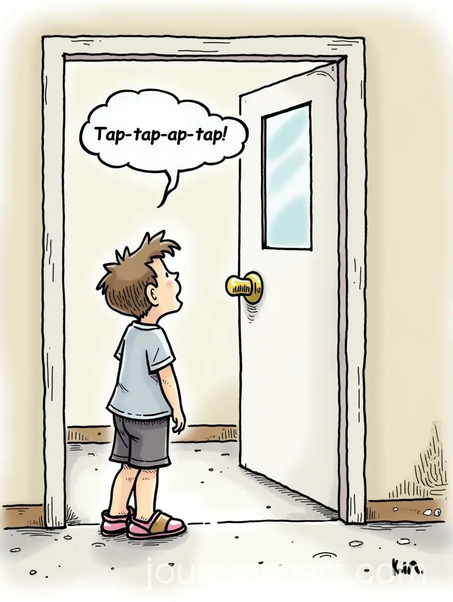 Excited-Boy-Standing-in-Front-of-House-with-Cloud-and-Taptaptap-Sound-Effect