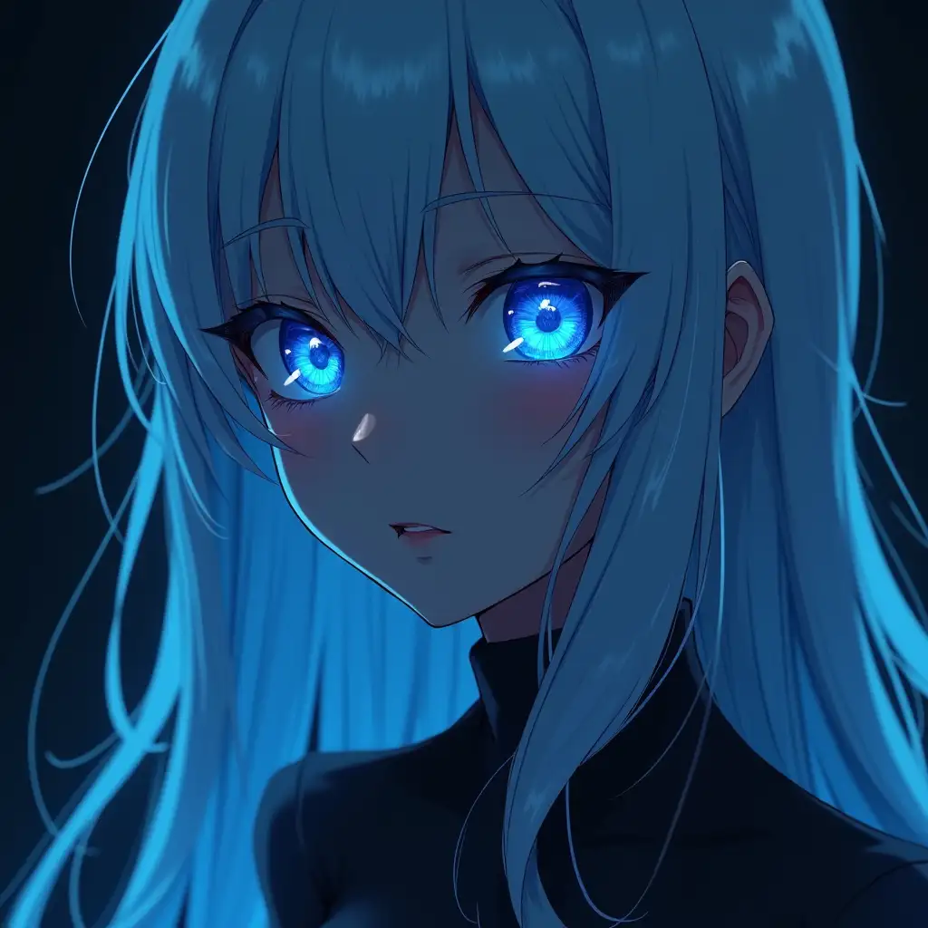 A cute woman, detailed blue laser shine eyes, long hair, white hair, (dark rooms), [cinematic, epic realistic, extra detailed | anime], uhd, 8k