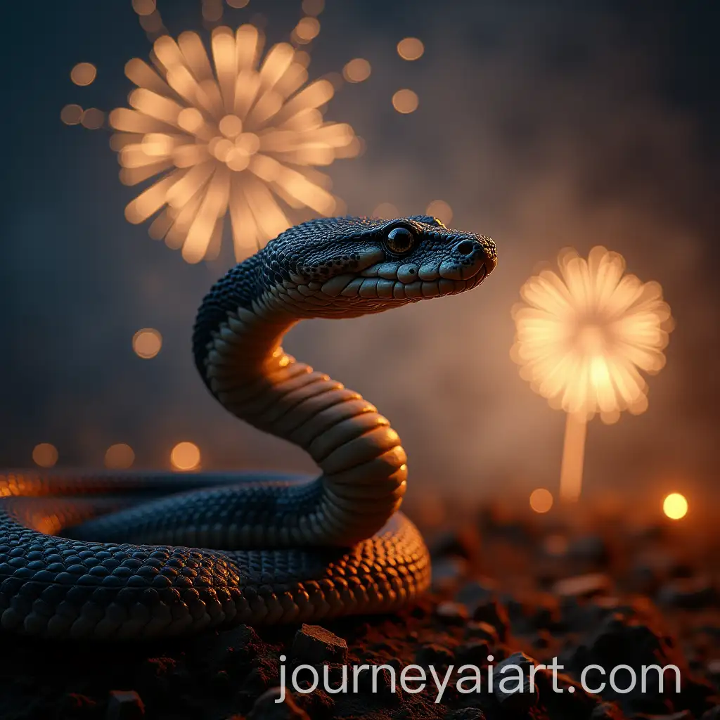 Snake-Surrounded-by-Fireworks-in-the-Night-Sky