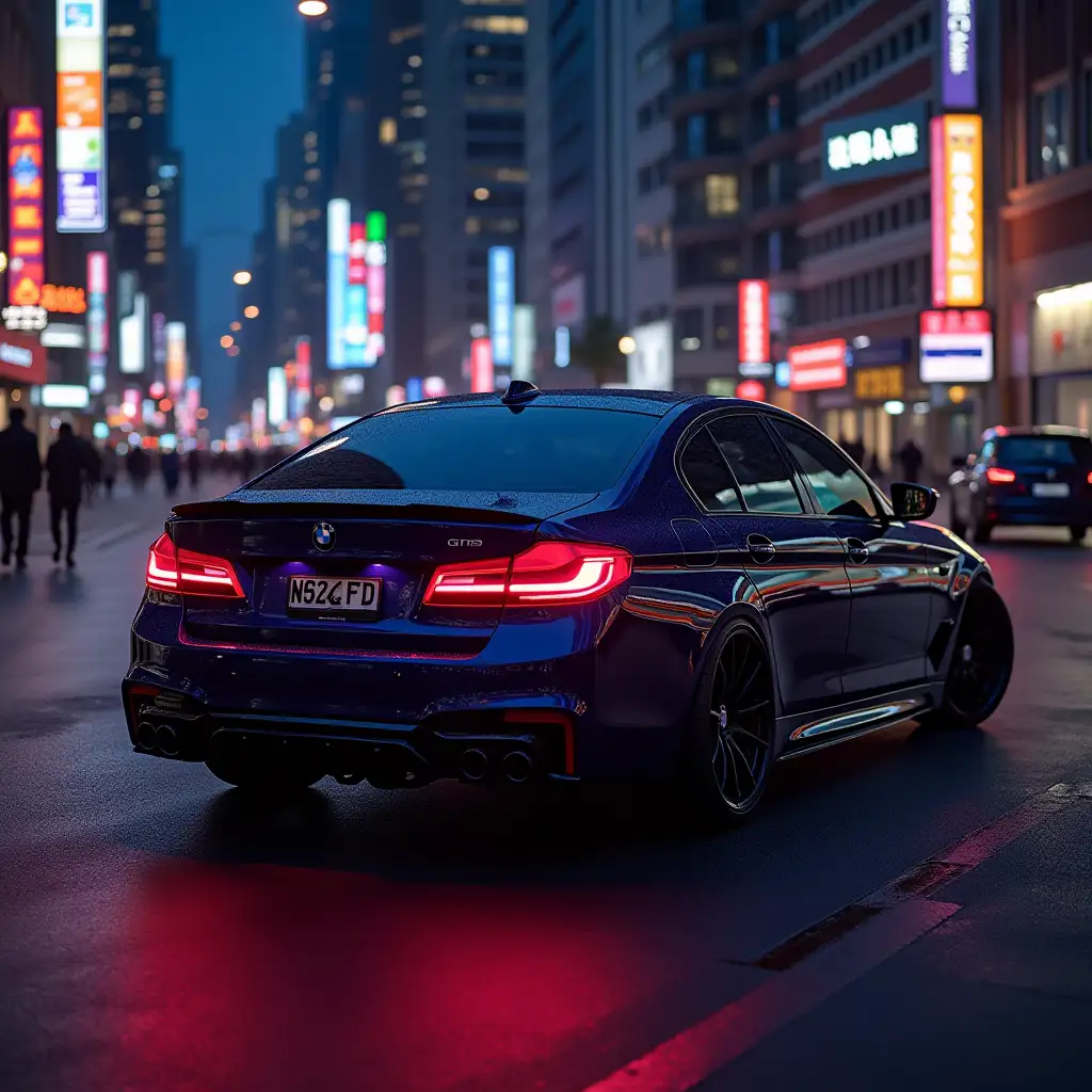 Generate BMW 530xd GT sport, with neon light, in a city