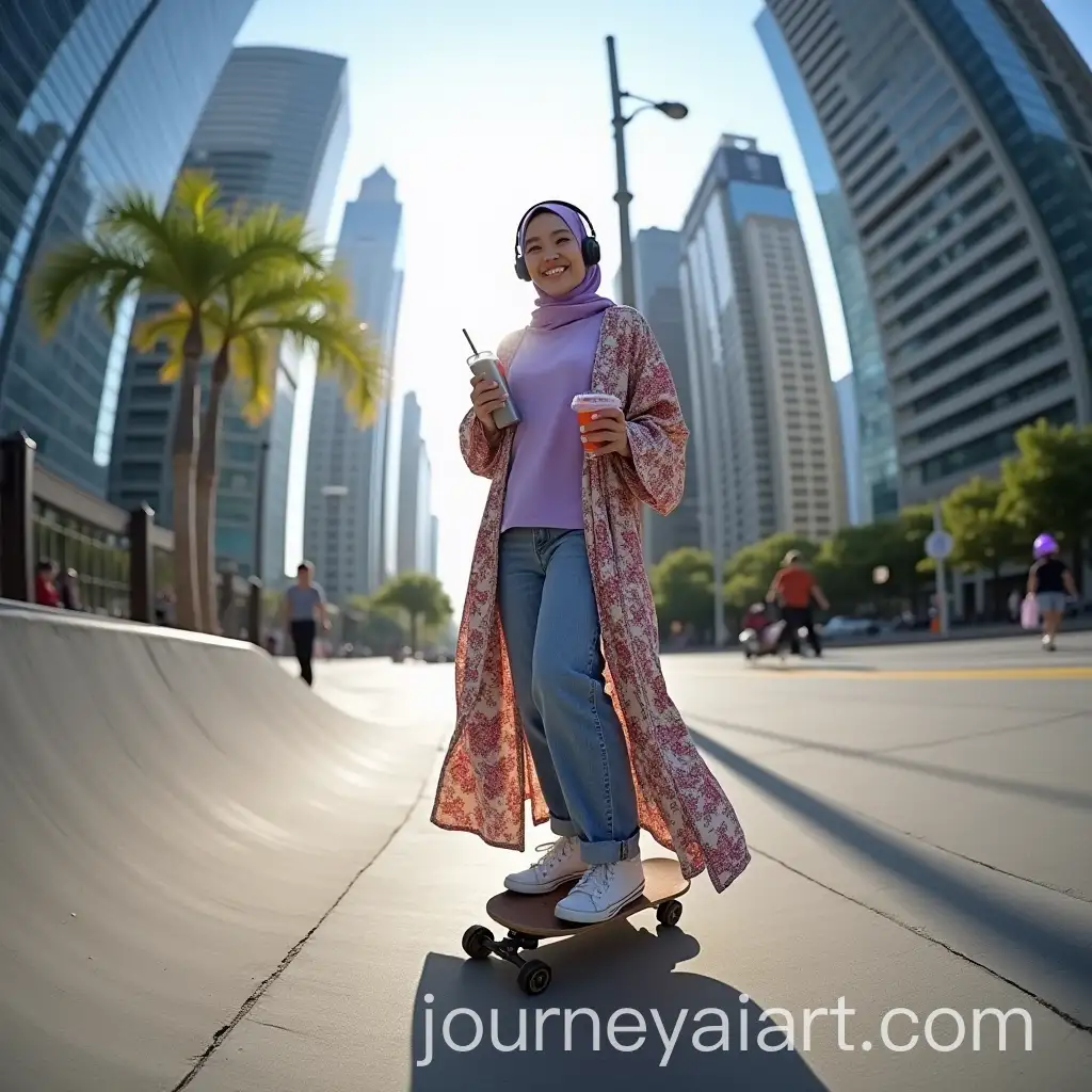 Stylish-Asian-Woman-Skateboarding-on-Urban-Ramp-with-Ice-Boba-and-Phone