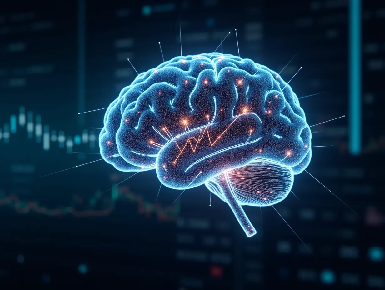 A glowing AI brain made of interconnected neural networks, analyzing data streams in a futuristic digital world with a holographic display showing market trends and research insights.