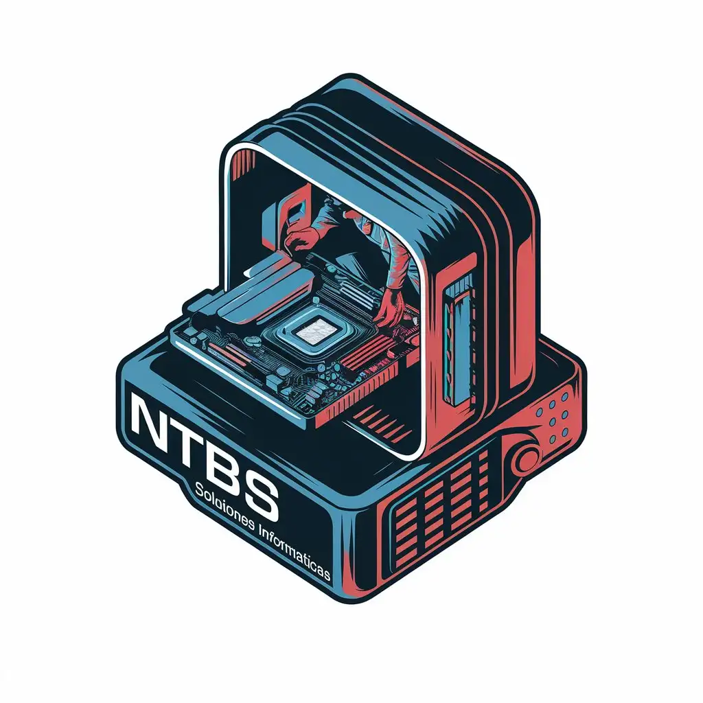 LOGO Design for NTBS Soluciones Informticas Opened Computer Cabinet with Motherboard Repairman in Futuristic Style