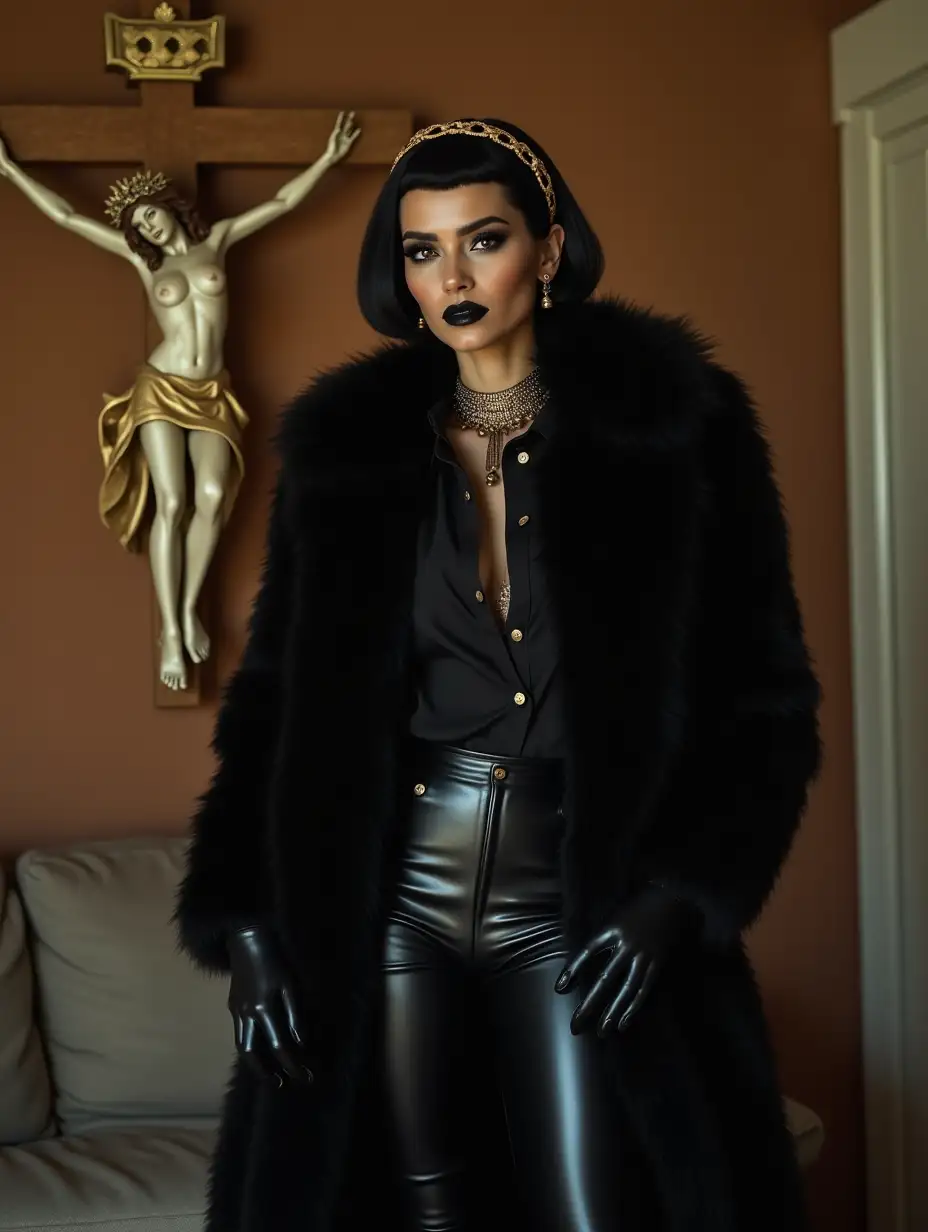 Gothic-Elegance-Woman-in-Black-Fur-Coat-with-Golden-Accents