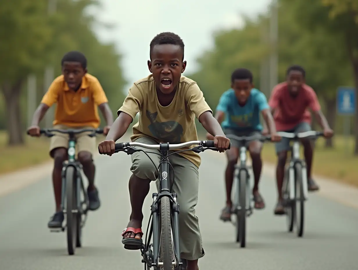 Generate an image of a group of angry young boys riding bicycles down a road. The boys are all African-American.