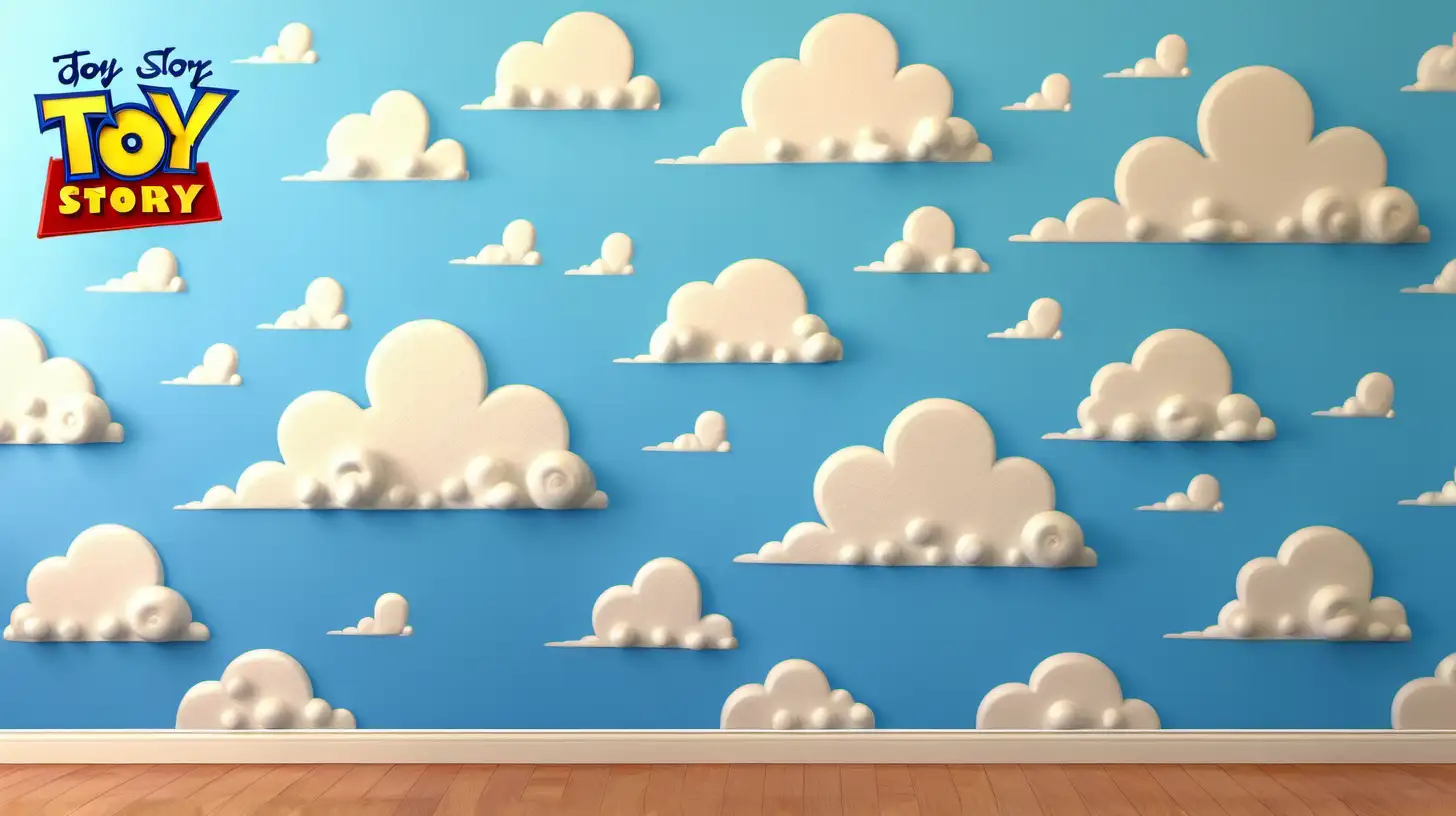 Toy Story Wall with Blue Sky and White Clouds