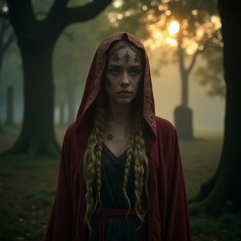 A mystical Celtic priestess standing in a misty grove at night of ancient oaks, golden moonlight falling through the trees. She has golden braided hair and wears a red embroidered hood. She has symbols tattooed on her face. and an intimidating beauty. Ethereal, powerful, timeless. Stone circles faint in the background. Atmosphere of sacredness and ancient wisdom. Soft focus, cinematic lighting. Very dark, mystical, and mysterious atmosphere.