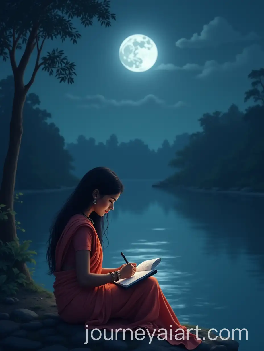 Young-South-Indian-Woman-in-Saree-Writing-a-LetterAI-Art-Prompt-Expansion-by-Moonlit-Riverside