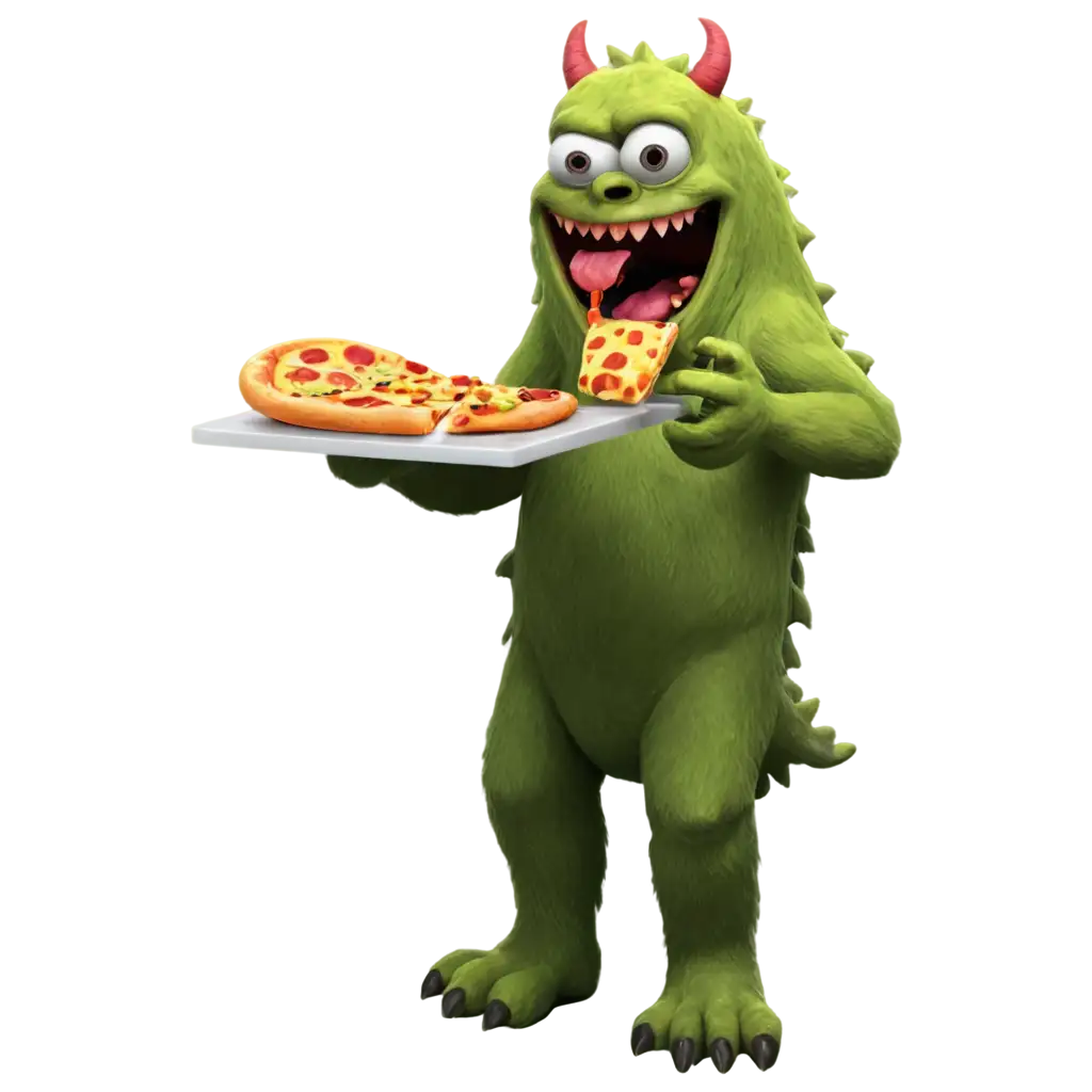 A friendly monster eating pizza.