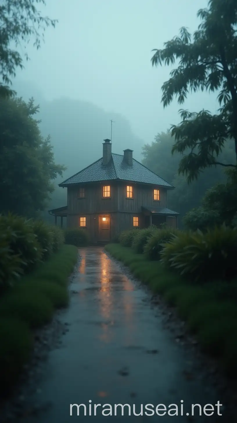 Heavy Rain in a Village Setting