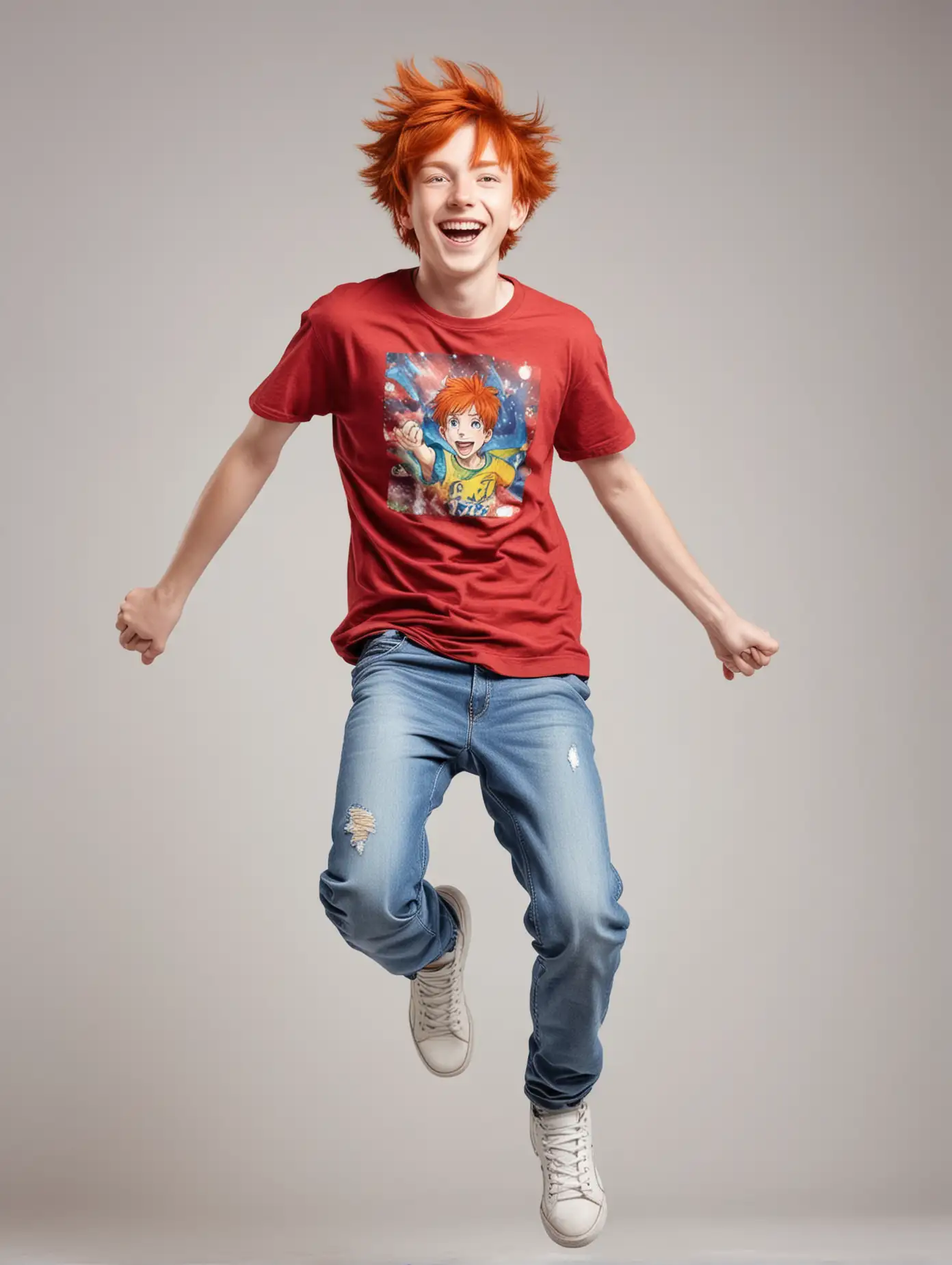 Cheerful RedHaired Teenage Boy Jumping with Joy