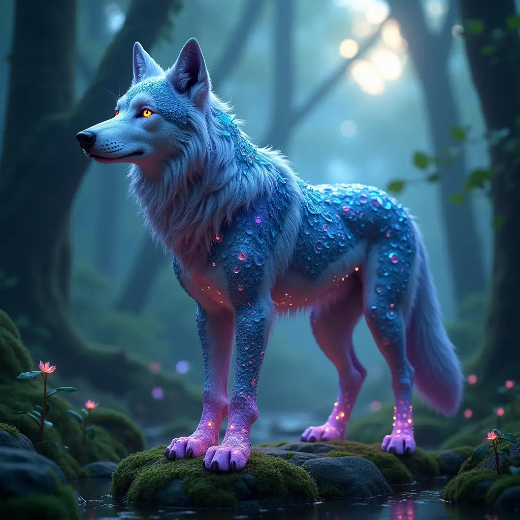 Create a high-quality, photorealistic image of a mystical wolf fused seamlessly with gemstone features. The wolf's body should have intricate gemstone-like textures, with facets and crystalized fur that shimmer in blues, purples, and greens, blending naturally with its form. Its eyes are radiant, glowing with an ethereal light that matches the gemstone colors. Portions of the wolf’s face and legs are embedded with gem-like facets, giving it a regal, otherworldly aura. Set the wolf in a misty, enchanted forest surrounded by moss-covered stones, faintly glowing plants, and soft beams of moonlight filtering through the trees, casting a magical glow. The scene should have a mystical, surreal atmosphere, with the wolf appearing as a guardian or spirit of the forest, combining raw natural beauty with gemstone brilliance.