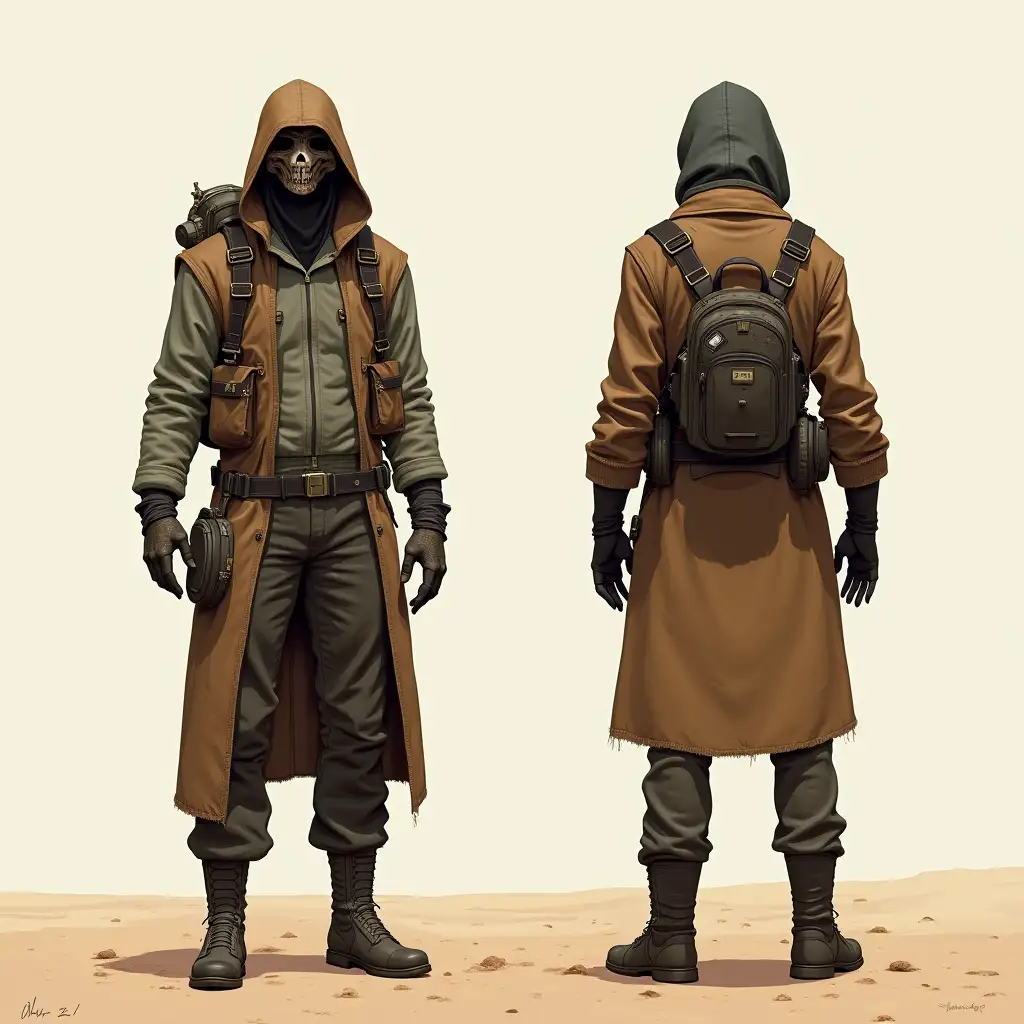 Concept art, character, raider, Sci-Fi, post apocalypse, desert, full-length, Sci-Fi, two thirds wiew, front::4 view and back view –v 4 –ar 3:2