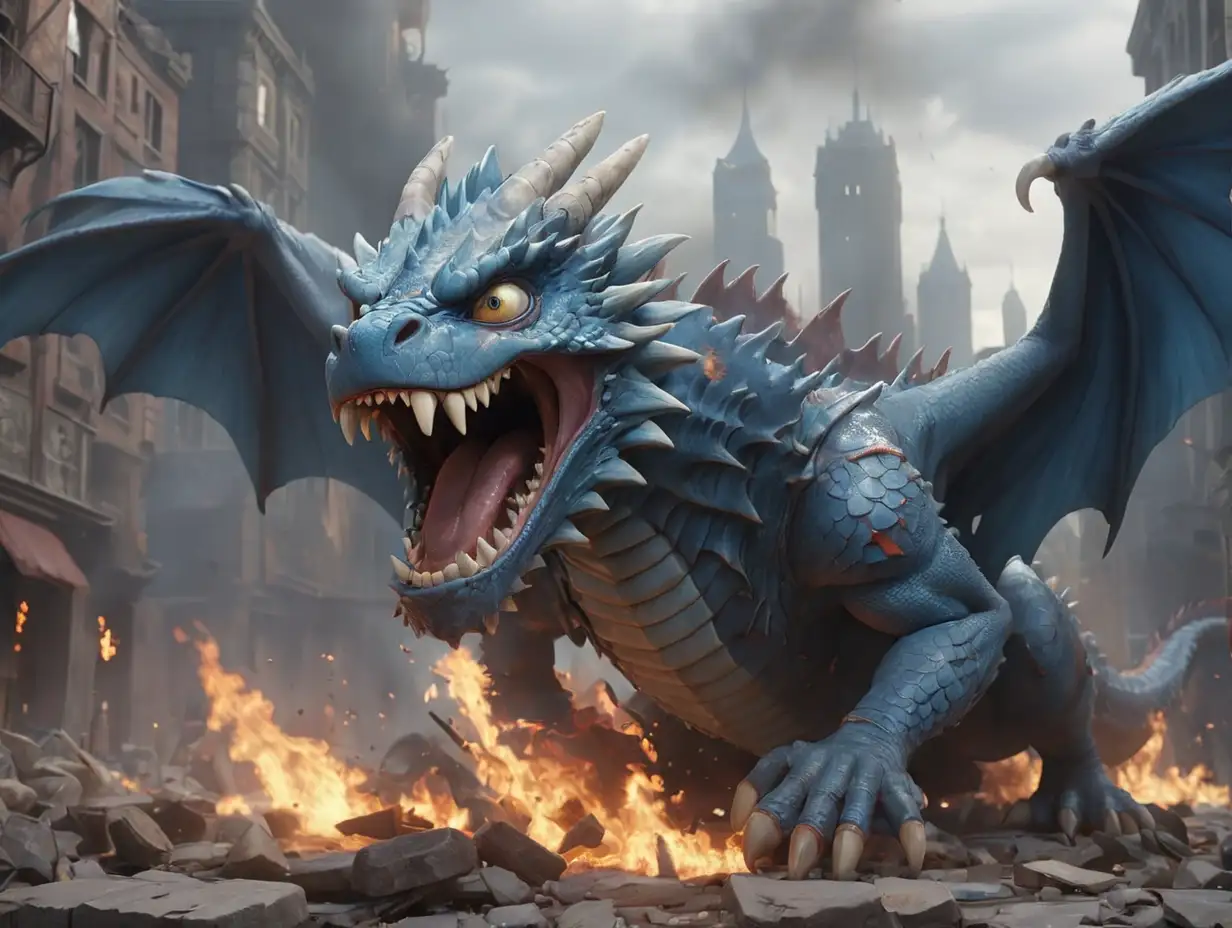 A wide-angle image of a wounded blue dragon with injuries, roaring in pain, amidst the intense battle in a burning city. 3d disney inspire