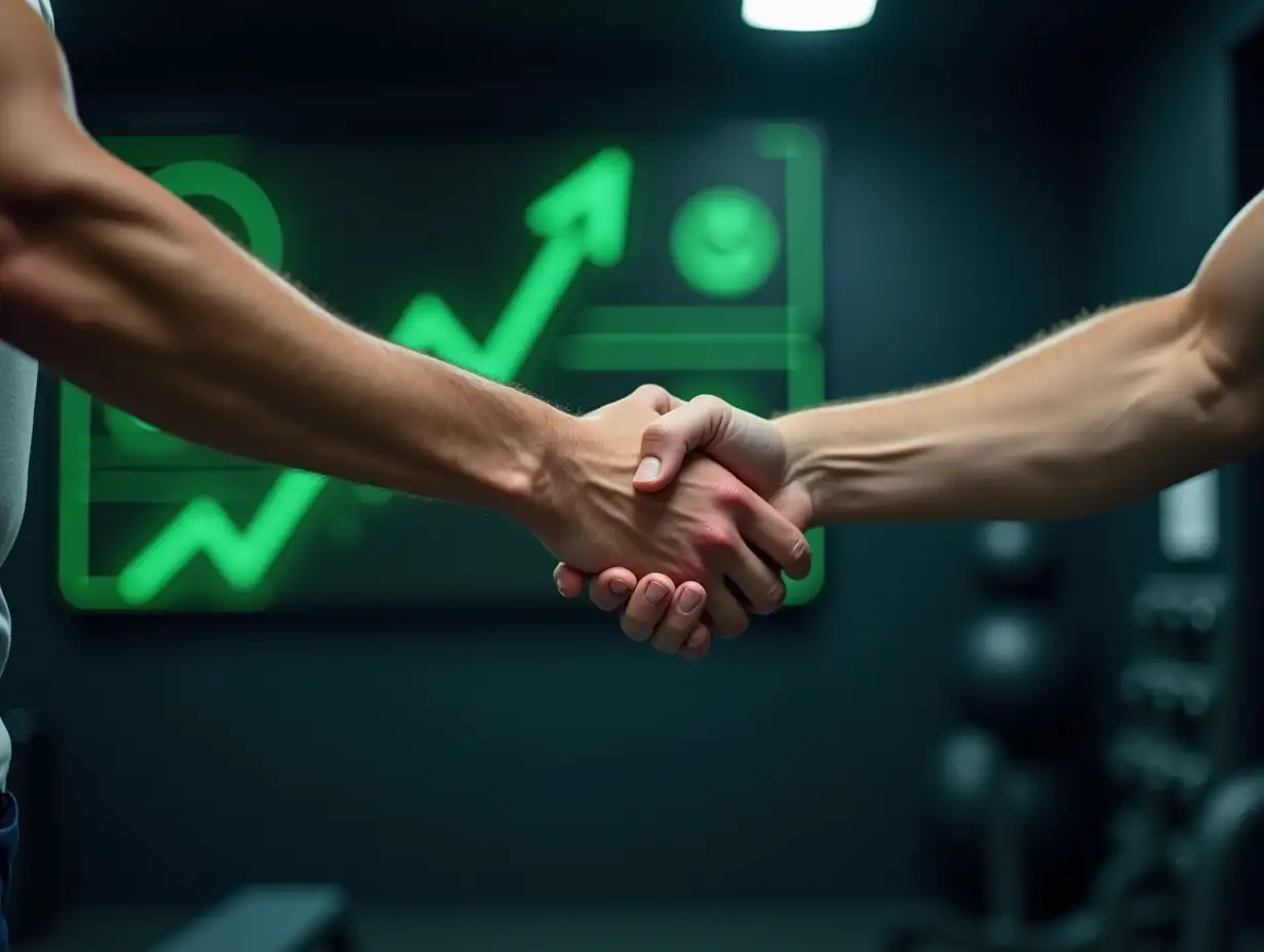 A professional photograph capturing only the arms and hands of a gym trainer and a new client engaging in a firm handshake, symbolizing trust and a successful enrollment. The background is blurred but features a modern gym setting with an LED panel displaying green-toned graphics, including an upward-pointing arrow, representing growth and increasing value. The lighting is well-balanced, creating a dynamic and professional atmosphere.