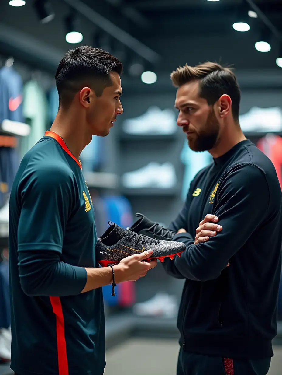 A cinematic and ultra-realistic portrayal of Cristiano Ronaldo, the globally renowned football legend, standing in a high-end sports store. Ronaldo, dressed in a sharp, sporty outfit, confidently holds up a pair of sleek football shoes, passionately explaining their features. Across from him, Lionel Messi, another iconic football superstar, listens attentively with a curious yet thoughtful expression, dressed casually but stylishly. The store's ambiance is vibrant, with dynamic lighting highlighting the premium products and modern decor, featuring shelves lined with top-tier athletic gear. The energy of the scene reflects the camaraderie and mutual respect between the two legends, blending professionalism with a touch of friendly rivalry.