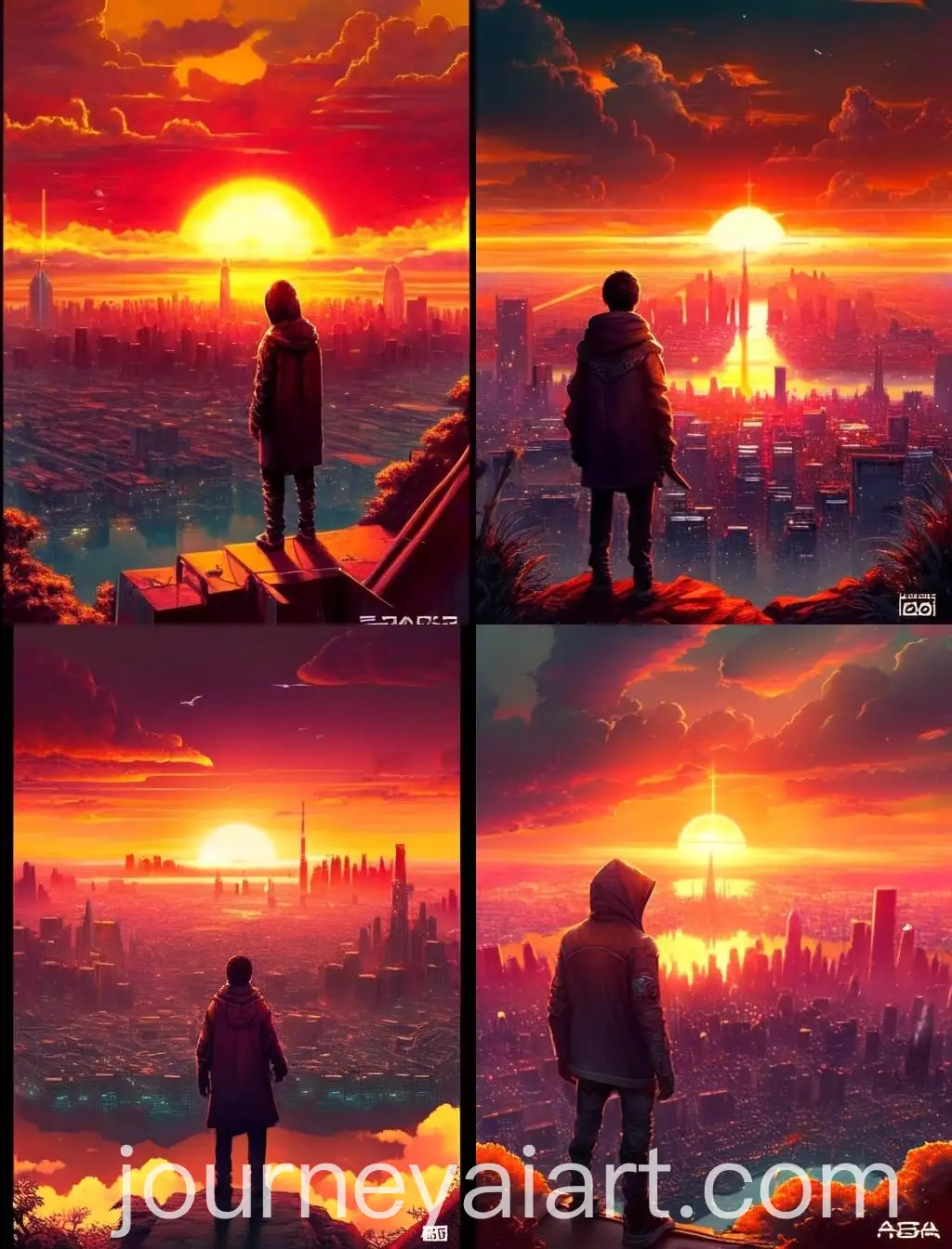 Hooded-Figure-Contemplates-Futuristic-Cityscape-at-Sunset