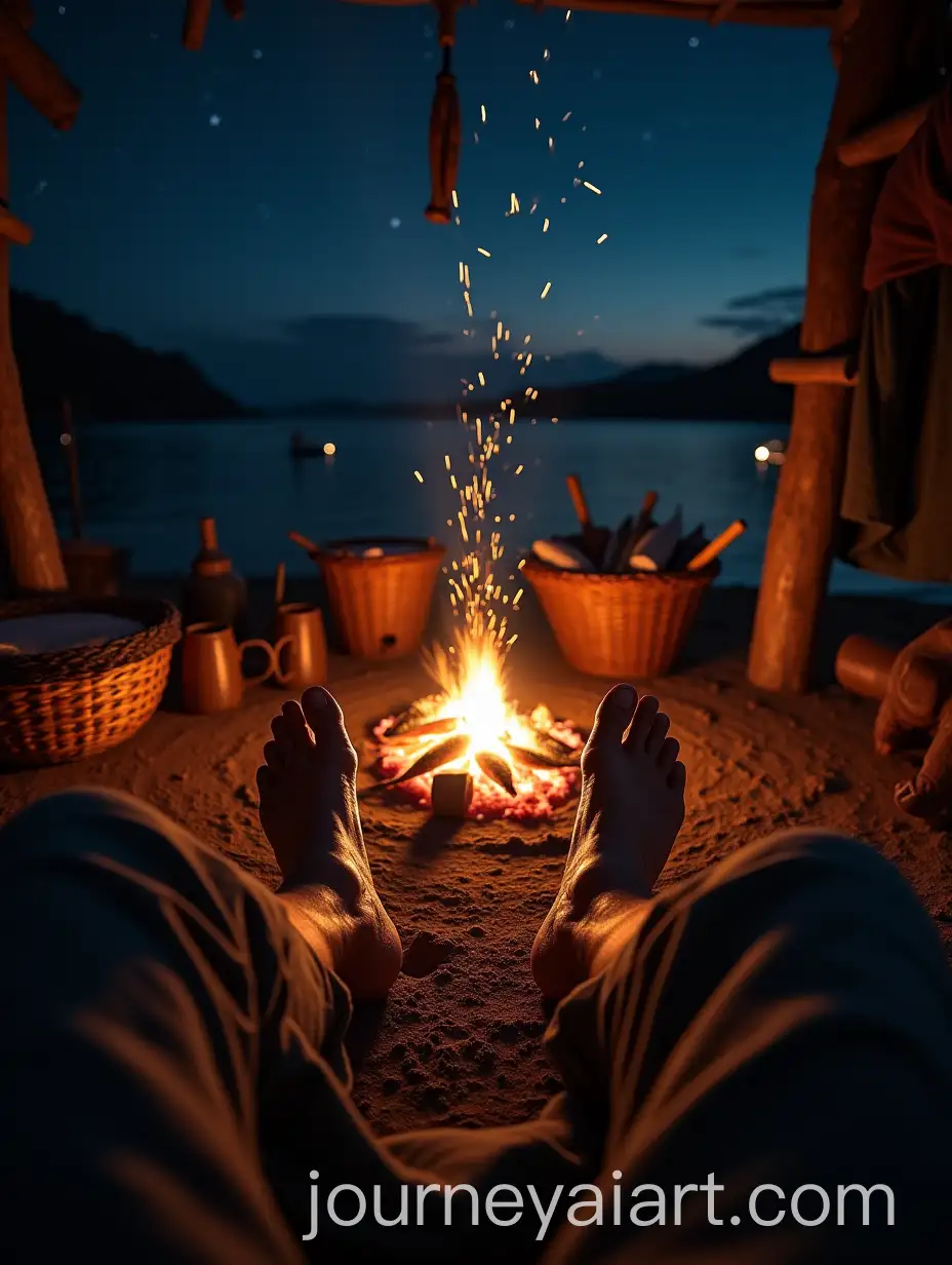 Fishermans-Night-by-the-Fire-Hands-Feet-and-Tools-in-a-Starry-Village-Setting