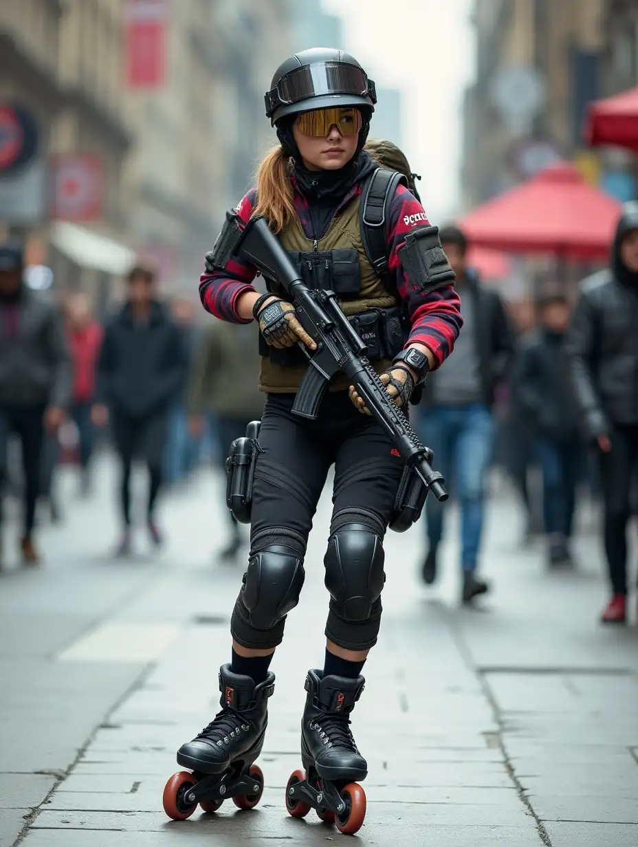 a 17 year old airsoft geared woman at a distance, she is skating on a street, holding a weapon, ordinary people in background, clothes have racing colors, she is wearing lots of functional sportswear, cycling gloves, airsoft helmet with transparent visor over eyes, smartwatch, thick plastic knee pads, modern inline skates with complete organized wheels