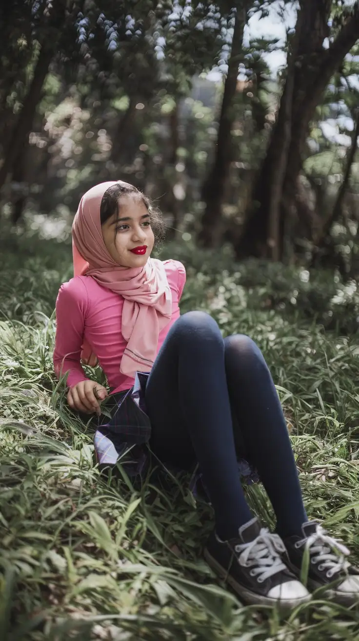 Teen-Girl-Relaxing-on-Grass-in-Jungle-with-Candid-Pose