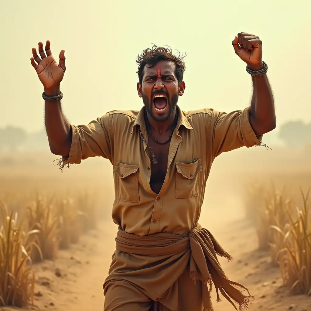 Indian realism style Create a realistic, cinematic scene of a dry farmer's field. In the foreground, include a rugged farmer, aged 35, who has a lean physique, tanned skin, and visible signs of hard work. His expression is one of fury and desperation, with wide eyes full of emotion. He is dressed in a simple, torn earthy-toned shirt and a dhoti, emphasizing his humble background. The farmer stands passionately, arms raised in defiance as he shouts, capturing the intensity of his emotions. The background should be a dusty field with sparse crops, reflecting the harsh and challenging conditions he faces. The atmosphere should evoke a sense of struggle and determination.