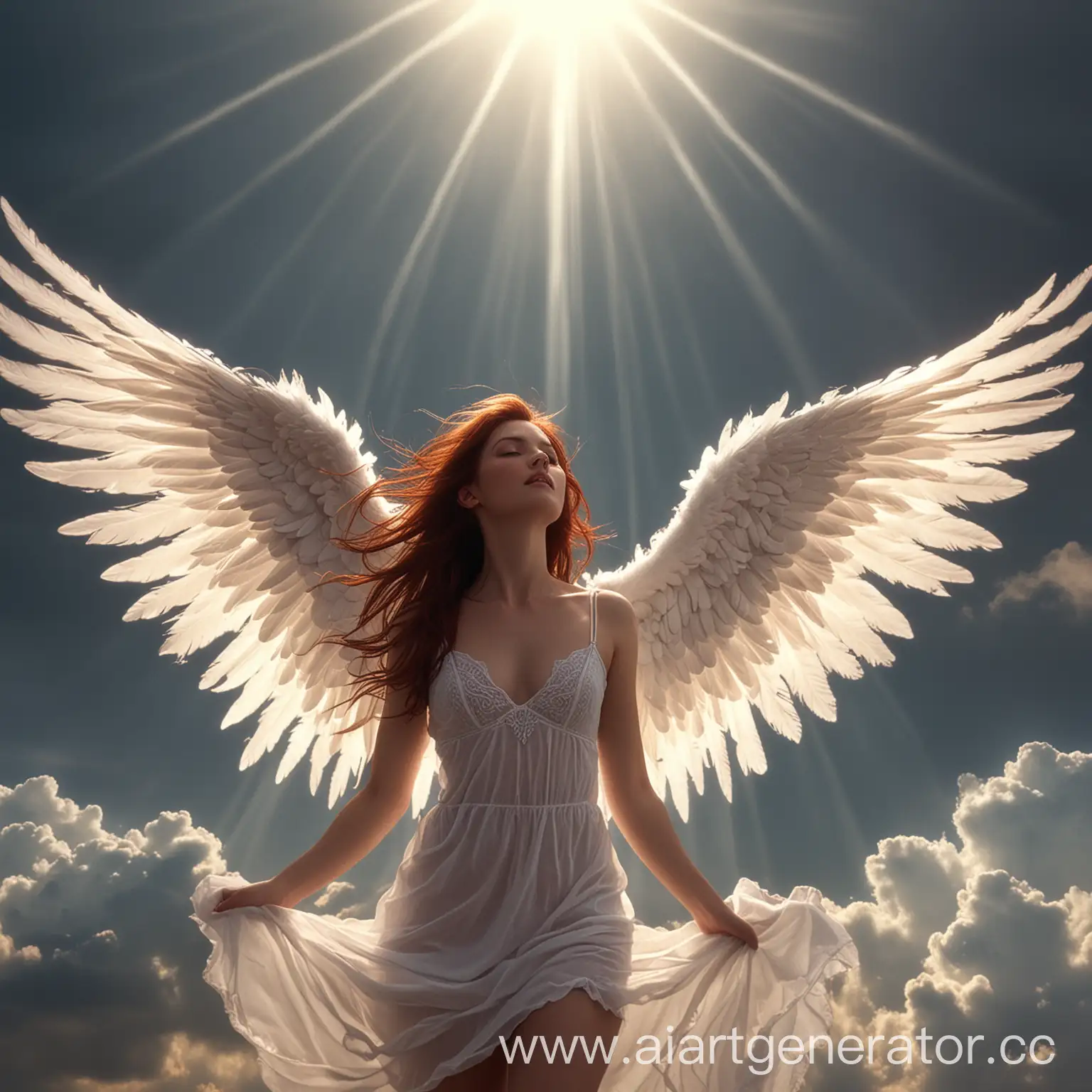 Seductive-Playful-Angel-Descending-from-CloudFilled-Sky-with-Light-Rays