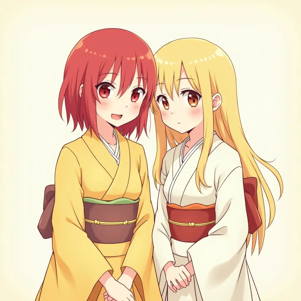 Two japanese girls in light-yellowish kimonos, first girl with red, mid-lenght hair and eyes; second girl with long blonde hair and red eyes; in nomnomnami/disgaea art style