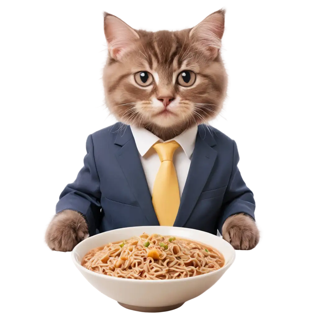 Adorable-Kitten-Eating-Ramen-in-Elegant-Cat-Suit-PNG-Image