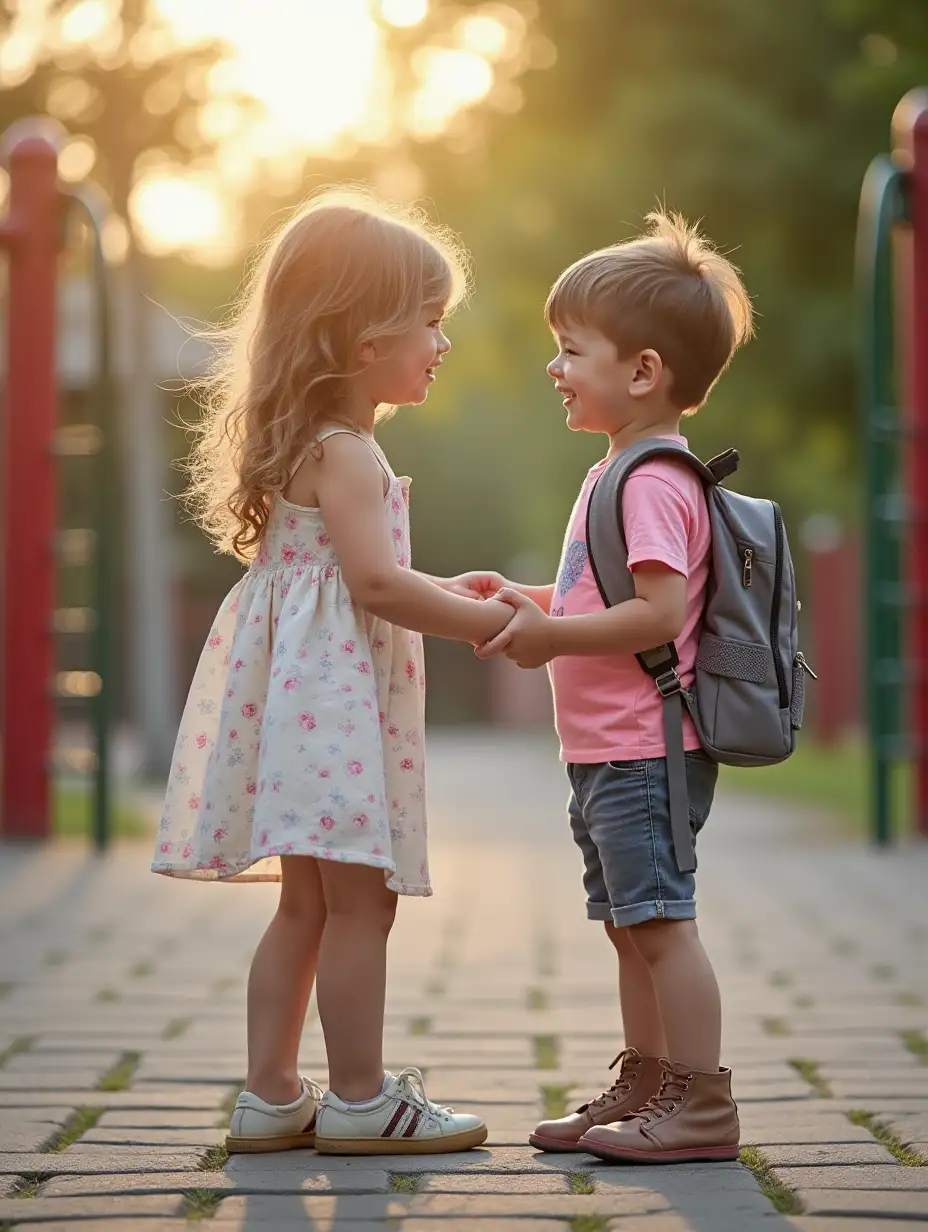 Little girl and boy on an elementary school playground. Beautiful innocence of first love.