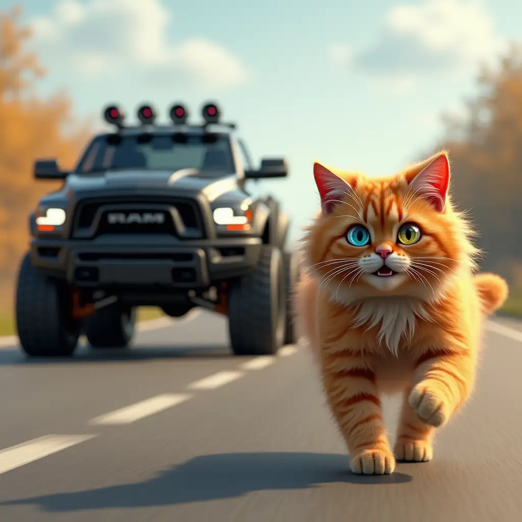 A big black ram trx car is chasing a shaggy ginger cat, who runs away in fear along the road, one of the cat's eyes is blue and the other is yellow, computer graphics