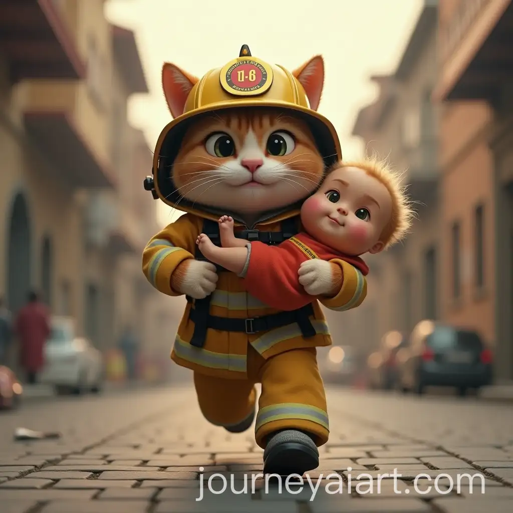Humanoid-Cat-Firefighter-Carrying-Child-in-Heroic-Rescue-Scene