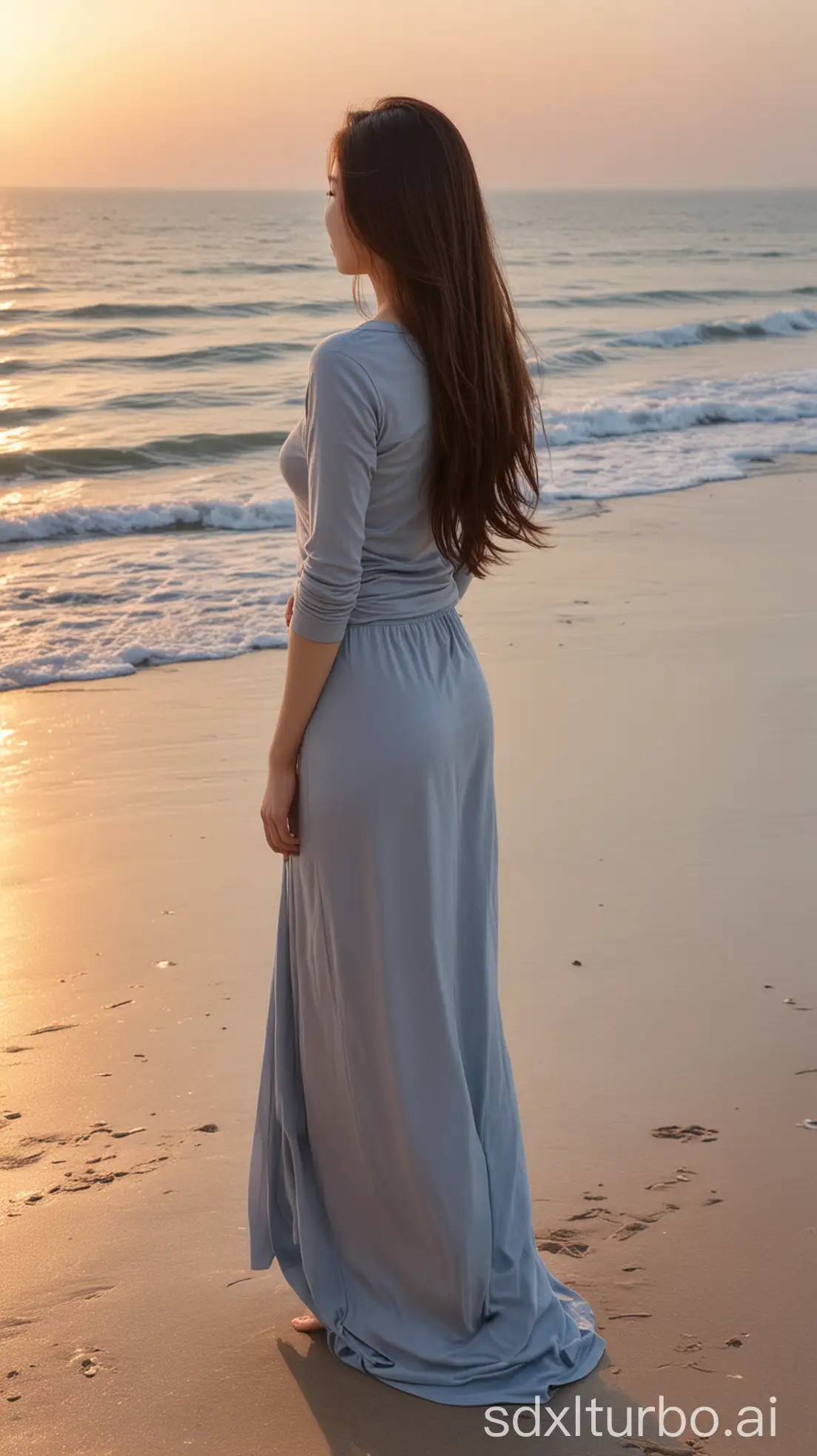 Chinese-Woman-in-Light-Gray-Blue-Outfit-Watching-Winter-Sunset-on-Beach