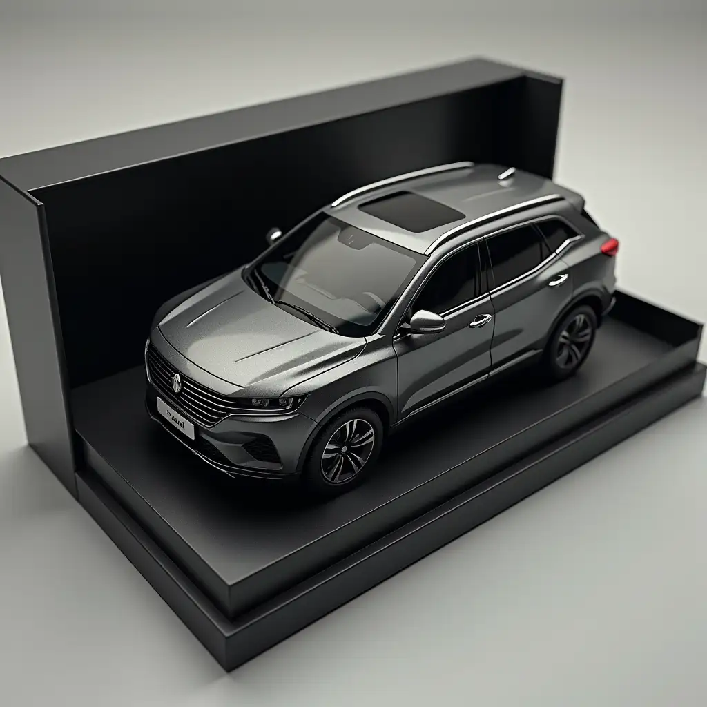 create art: 3D figure of haval f7 car in soft touch plastic. The car should be in a box with a 3d view from the front and numbers on the car. The car - copy every detail, headlights, wheels, glass, doors and proportions. Focus on style and textures. The car is lying in a plastic recess that repeats its silhouette. Create a collectible action figure of the car as an expensive toy in packaging. Style: Maximally realistic, like for advertising. The image should be horizontal! Inscription (haval) - letters printed and engraved on the box at the top, the box color is black to look rich and expensive. Accessories inside the box: Laid out next to the toy by their places in separate cells. Be sure to add in separate cells: registration Russian numbers - e100ko56 region, add key from haval f7 car