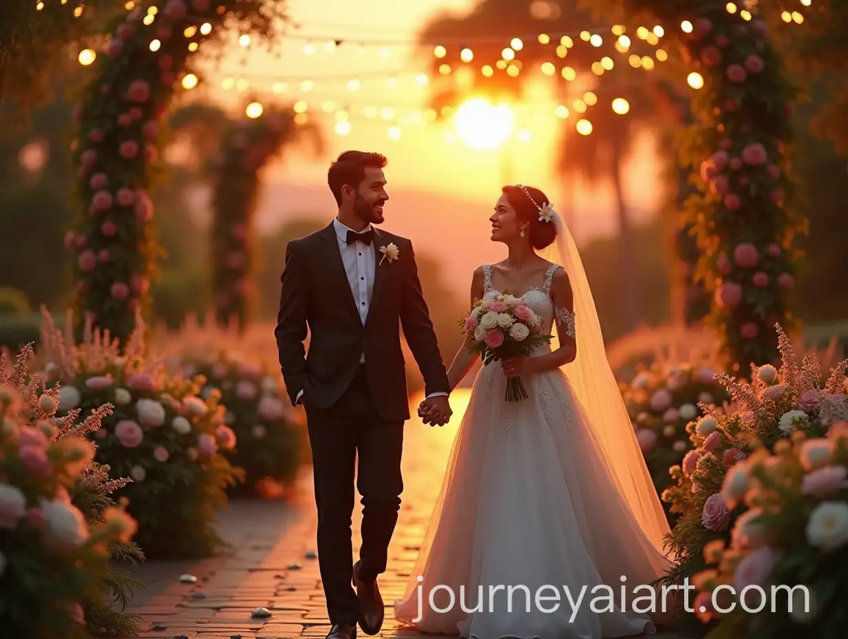 Bride-and-Groom-Walking-Hand-in-Hand-Through-a-Sunset-Garden-Wedding-Venue
