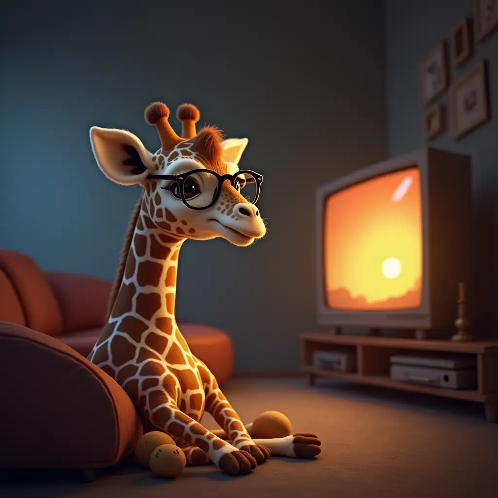 little giraffe with glasses dressed as a boy watching tv