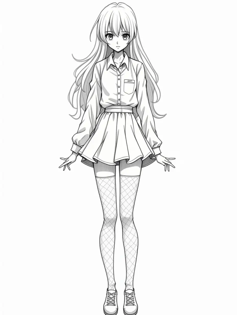 Sad-Manga-Style-Illustration-of-a-Young-Woman-in-Skirt-and-Fishnet-Tights