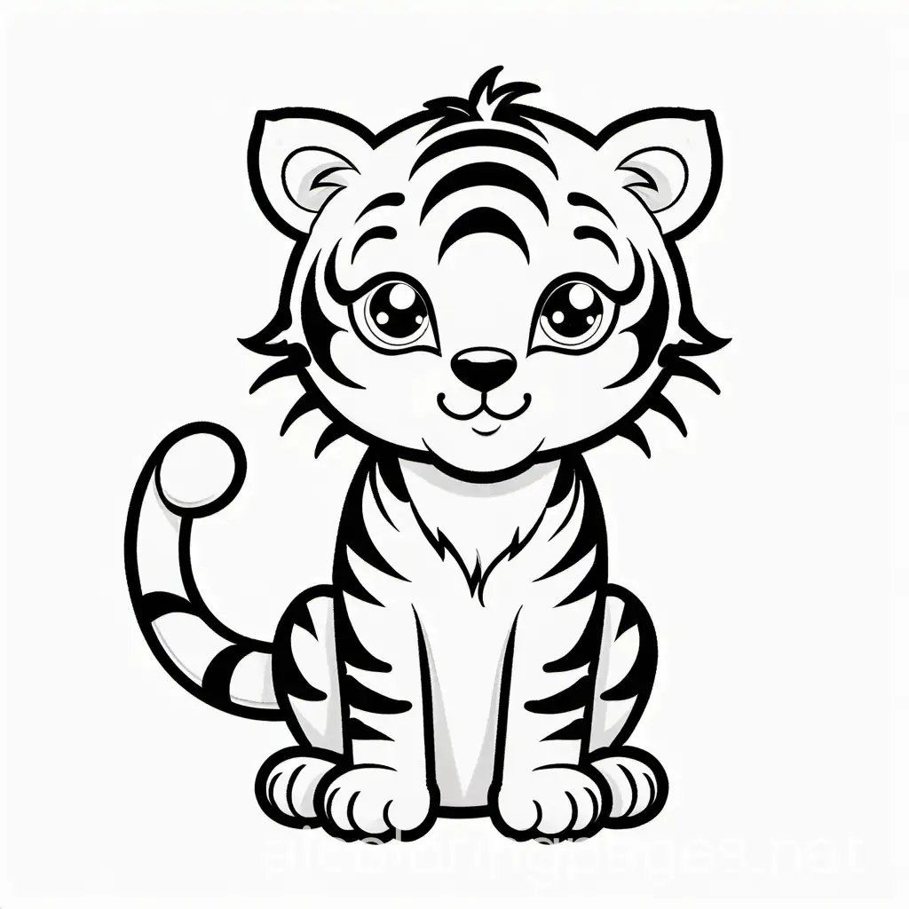 Cute cartoon Tiger  Coloring Page, black and white, line art, white background, Simplicity, Ample White Space. The background of the coloring page is plain white to make it easy for young children to color within the lines. The outlines of all the subjects are easy to distinguish, making it simple for kids to color without too much difficulty, Coloring Page, black and white, line art, white background, Simplicity, Ample White Space. The background of the coloring page is plain white to make it easy for young children to color within the lines. The outlines of all the subjects are easy to distinguish, making it simple for kids to color without too much difficulty