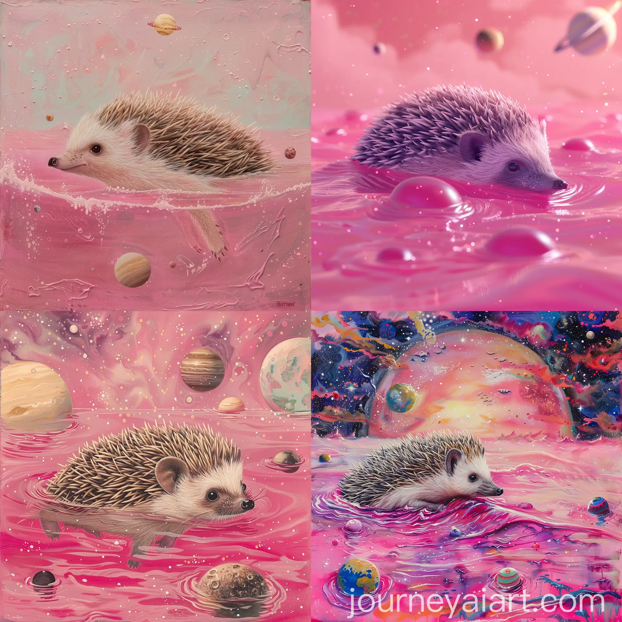 Hedgehog-Swimming-in-a-Pink-Ocean-with-Planetary-Background