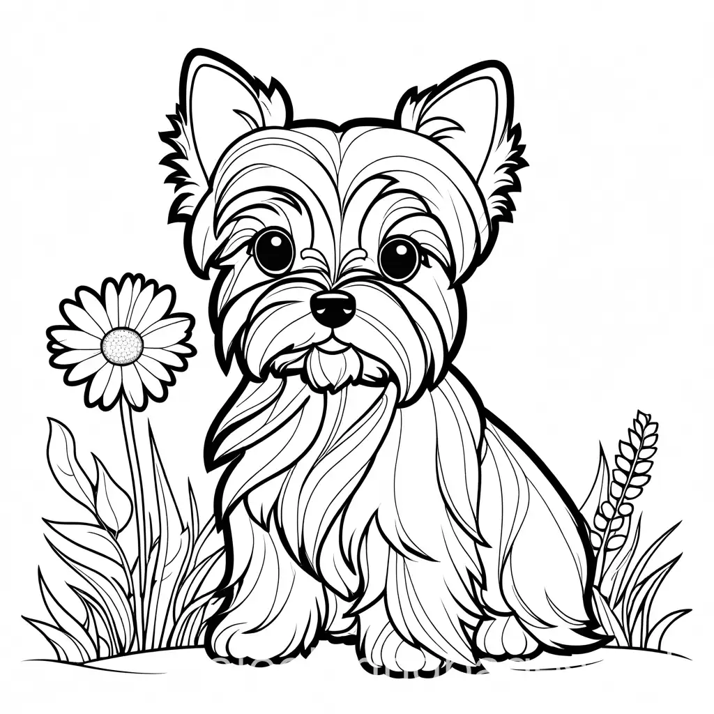 Yorkshire-Terrier-with-Daisy-in-a-Meadow-Coloring-Page