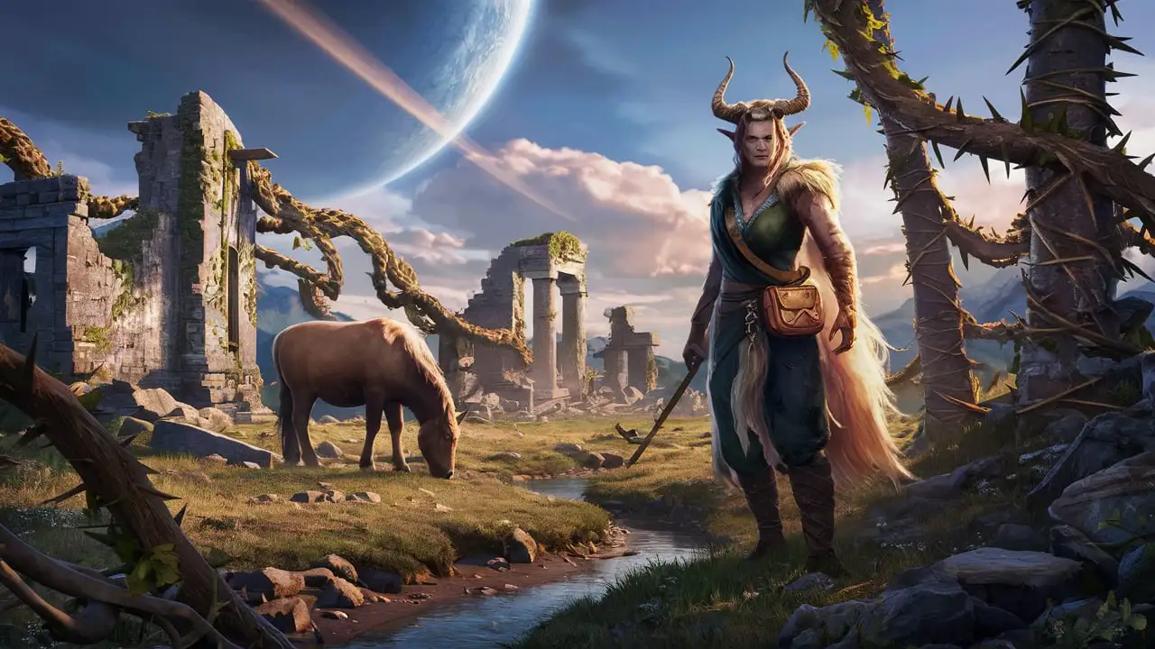 Stylized Game Cover Art Druid with Horns and Medicine Pouch in Deep Wilderness