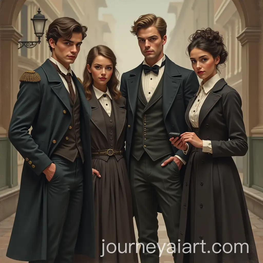 Group-of-Four-Young-Journalists-in-1890-Featuring-Two-Men-and-Two-Women-with-Distinct-Personalities