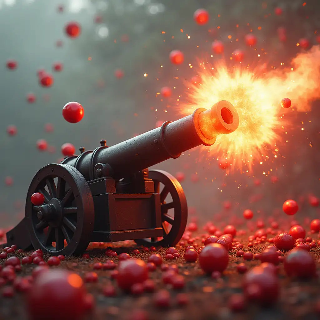 a cannon with arsenal fc shield blasting red balls in the air