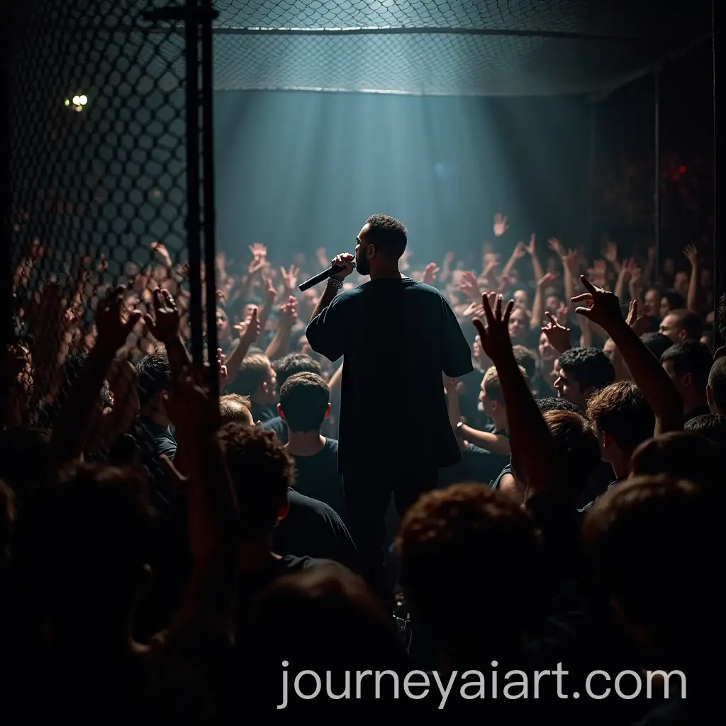 Crowd-Frenzy-Around-Mesh-Cage-with-Rapper-in-Concert